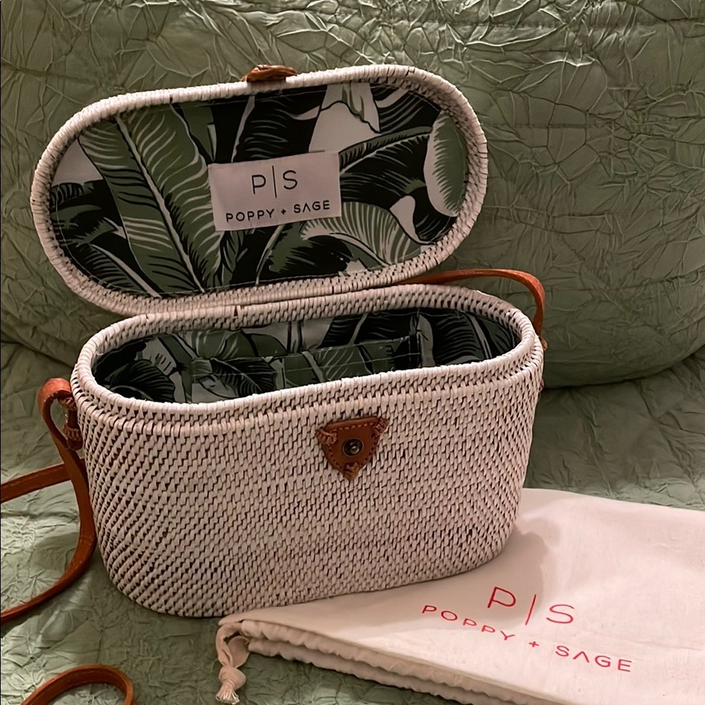 White Crossbody Bag with Woven Design and Tropical Print